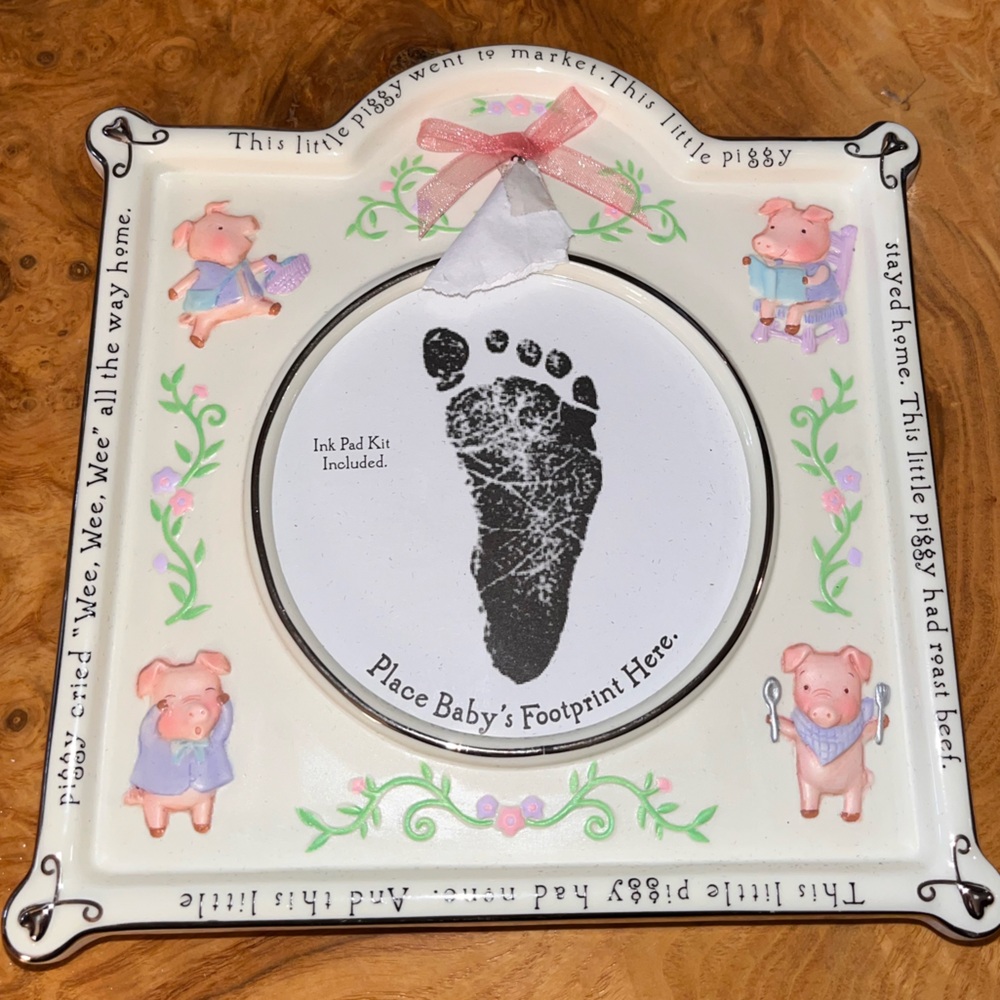 Vintage Hallmark Pink and Cream Baby Footprint Frame with Piglet Accents